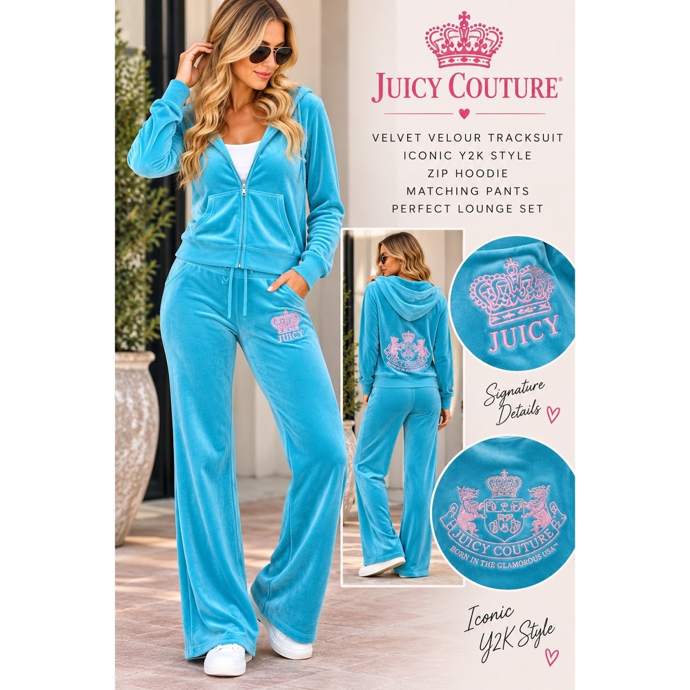 Juicy Couture Blue Velour Tracksuit Y2K Velvet Zip Hoodie & Pants Set Medium